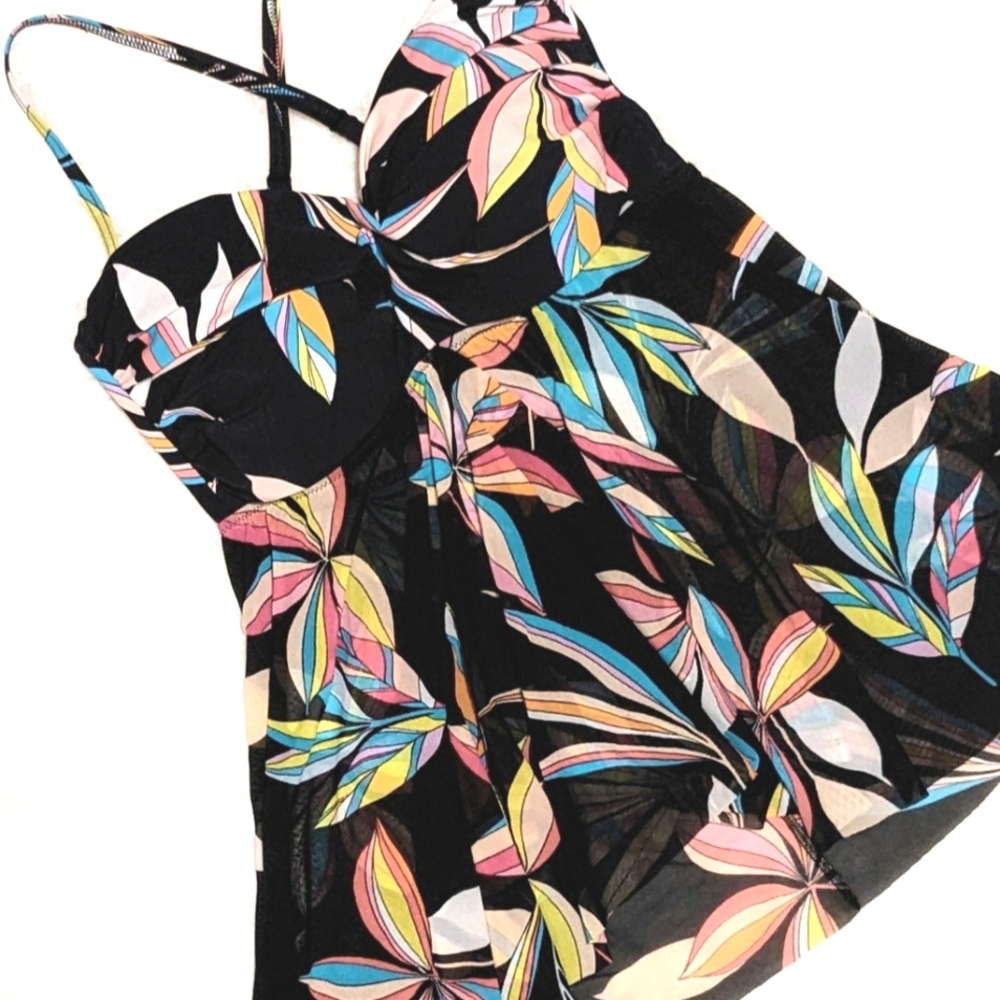 Profile by Gottex Swimsuit Tankini Top Shear Flowy Tropical Floral Print Sz 10